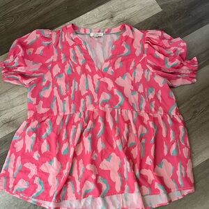 Umgee Pink and Blue Patterned Blouse